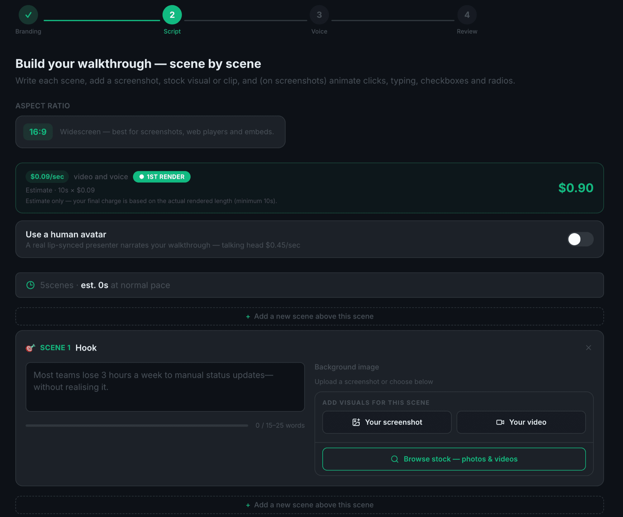 The ProdExplainer scene builder — a draft script laid out scene by scene, ready to reword