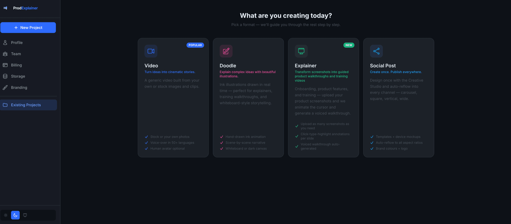 ProdExplainer 'What are you creating today?' screen with Video, Doodle, Explainer and Social Post