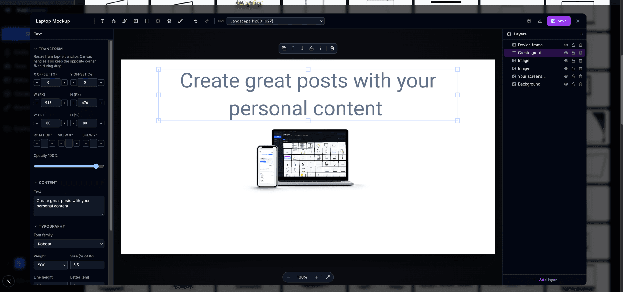 Creative Studio design editor with layers, typography and a laptop-plus-phone mockup