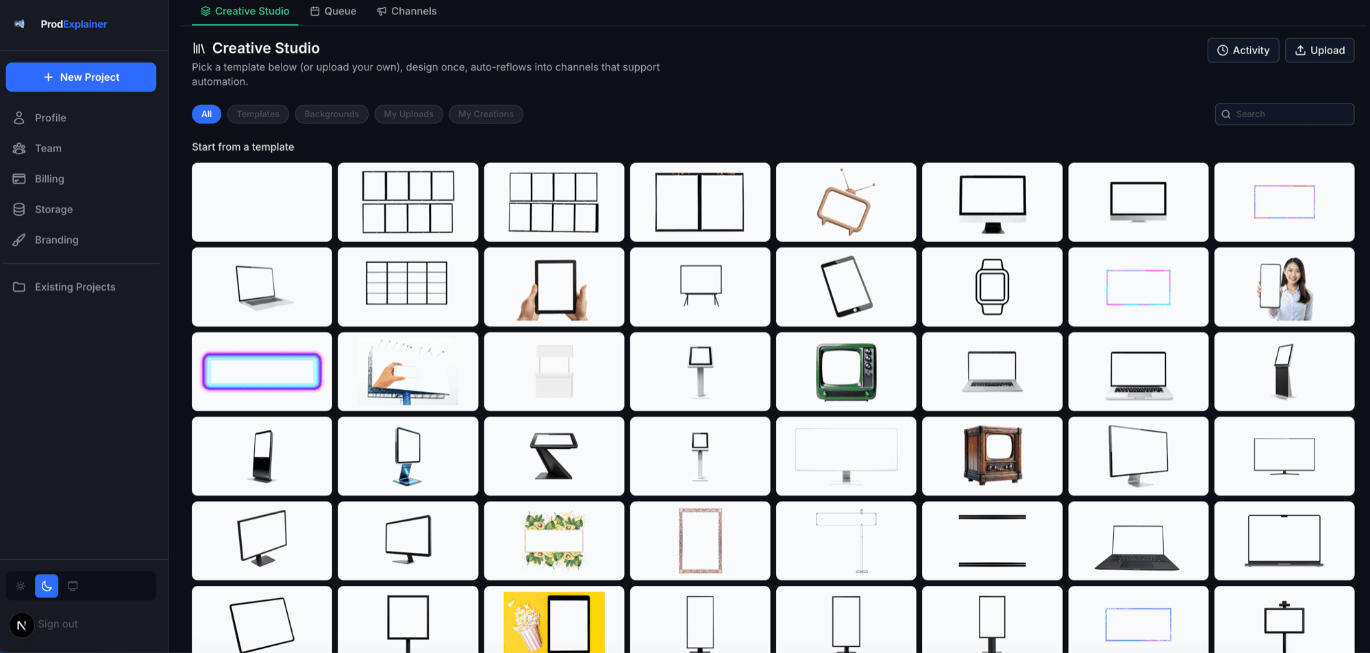 ProdExplainer Creative Studio — pick a mockup template, design once, auto-reflow into channels