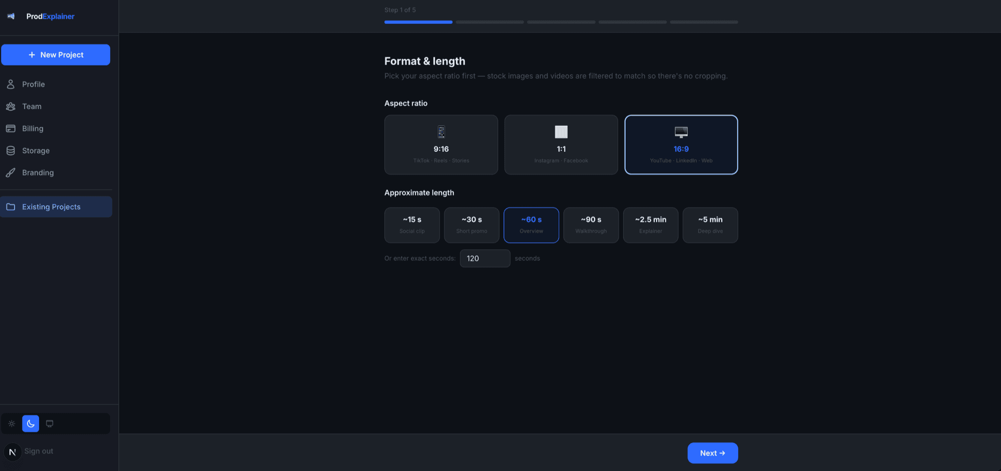 Format and length picker with aspect ratios and durations