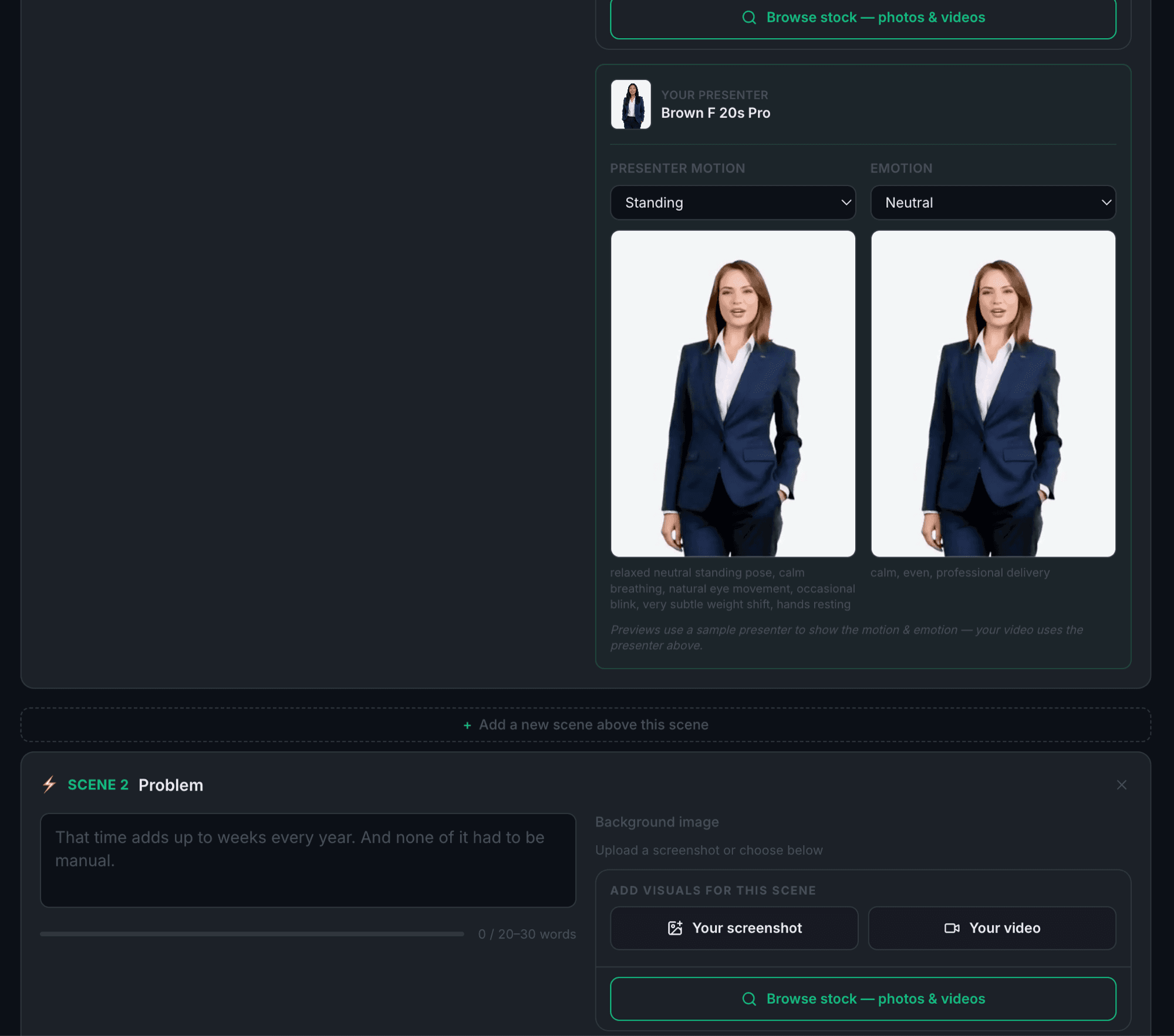 Presenter motion and emotion controls with live previews