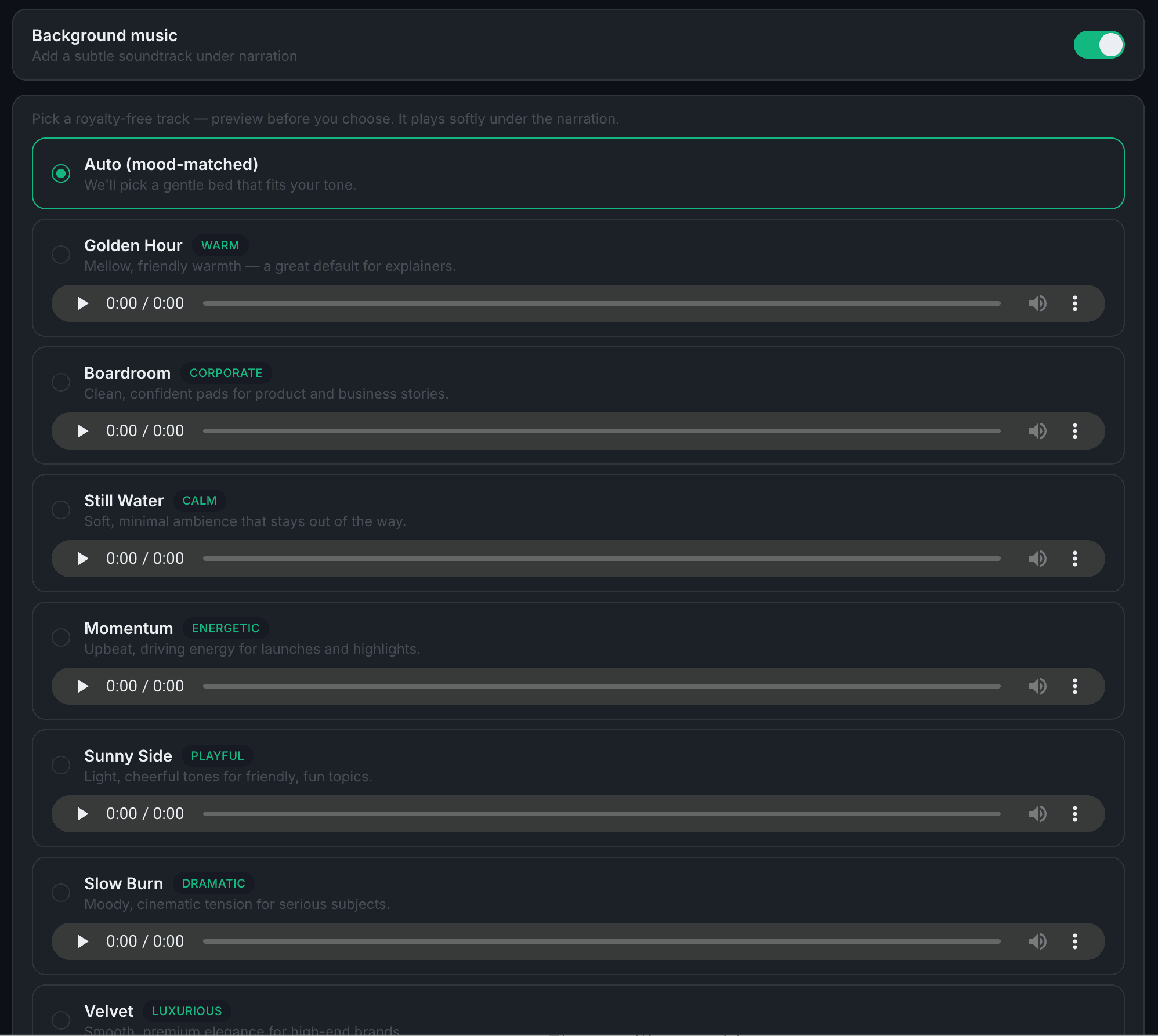 Background music picker with mood-labelled royalty-free tracks