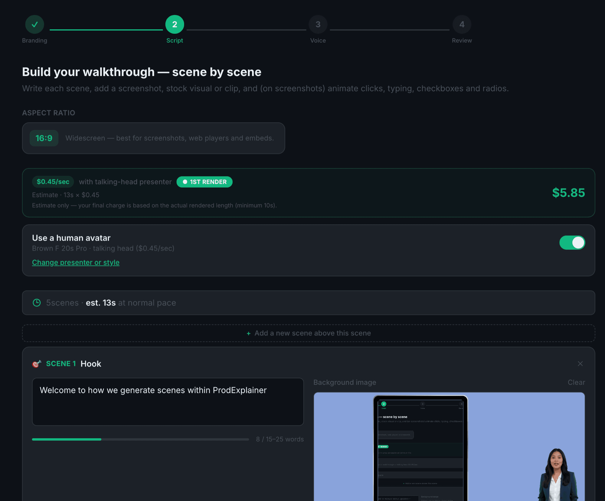 Live pricing estimate with a talking-head presenter enabled
