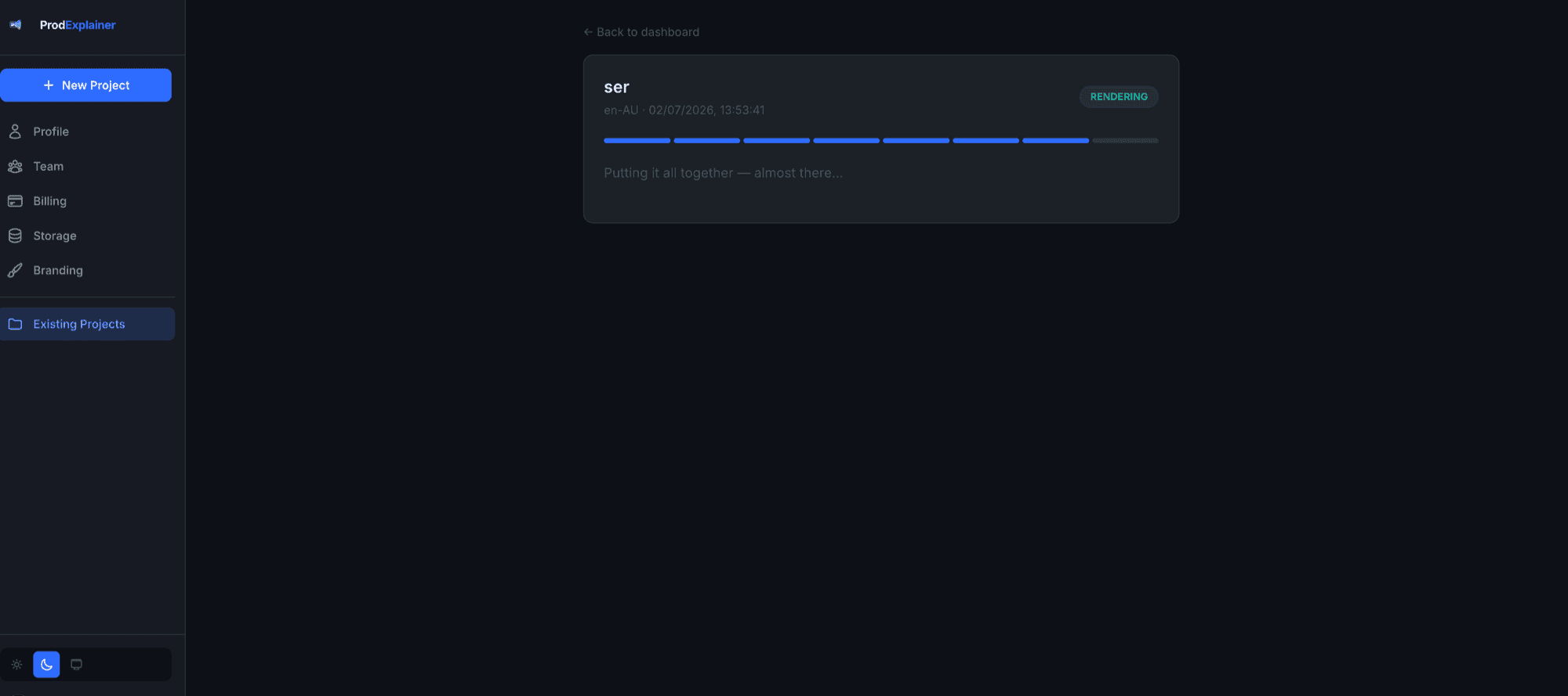 The render in progress screen