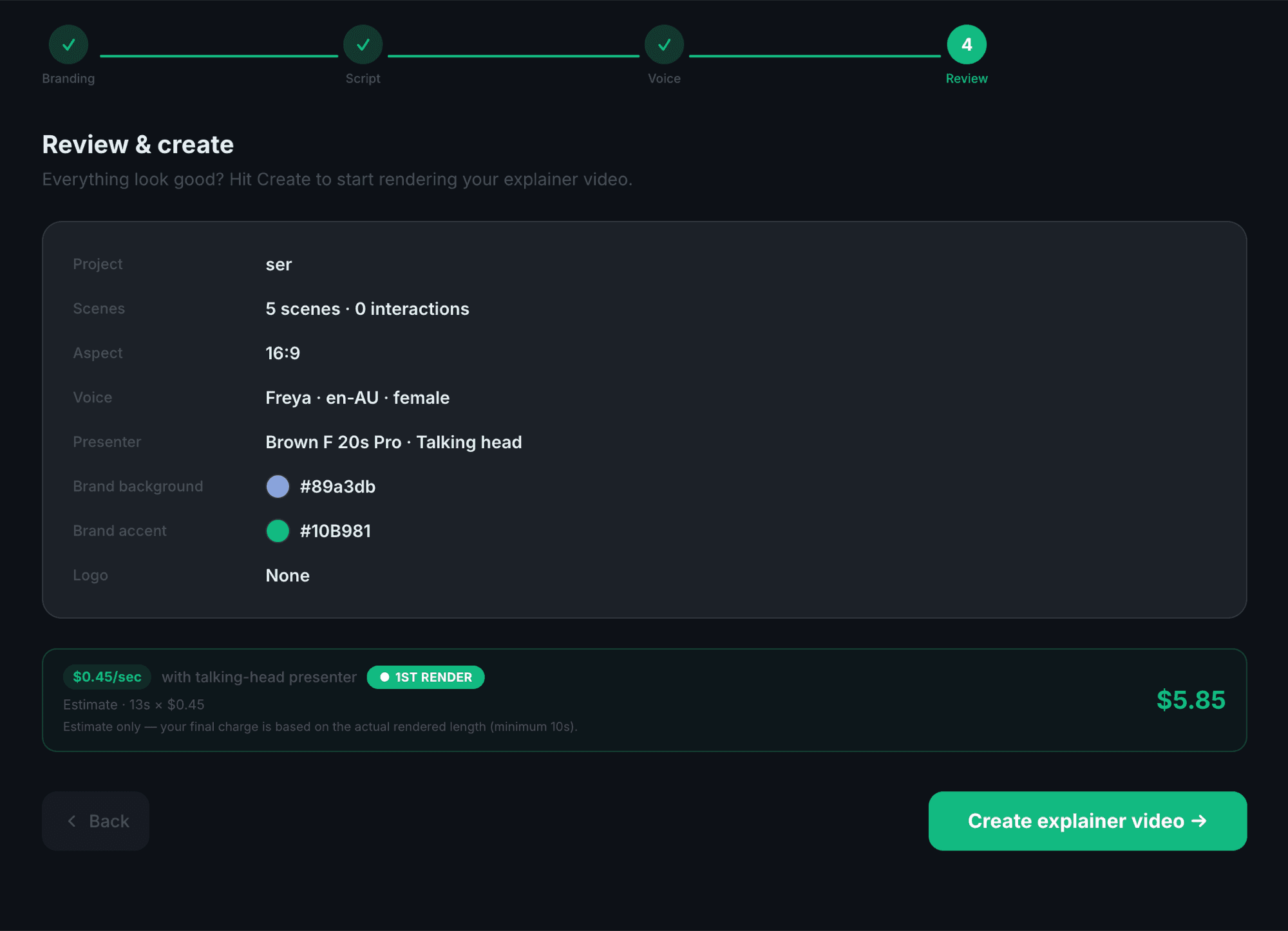 Review and create screen with a full recap and up-front price