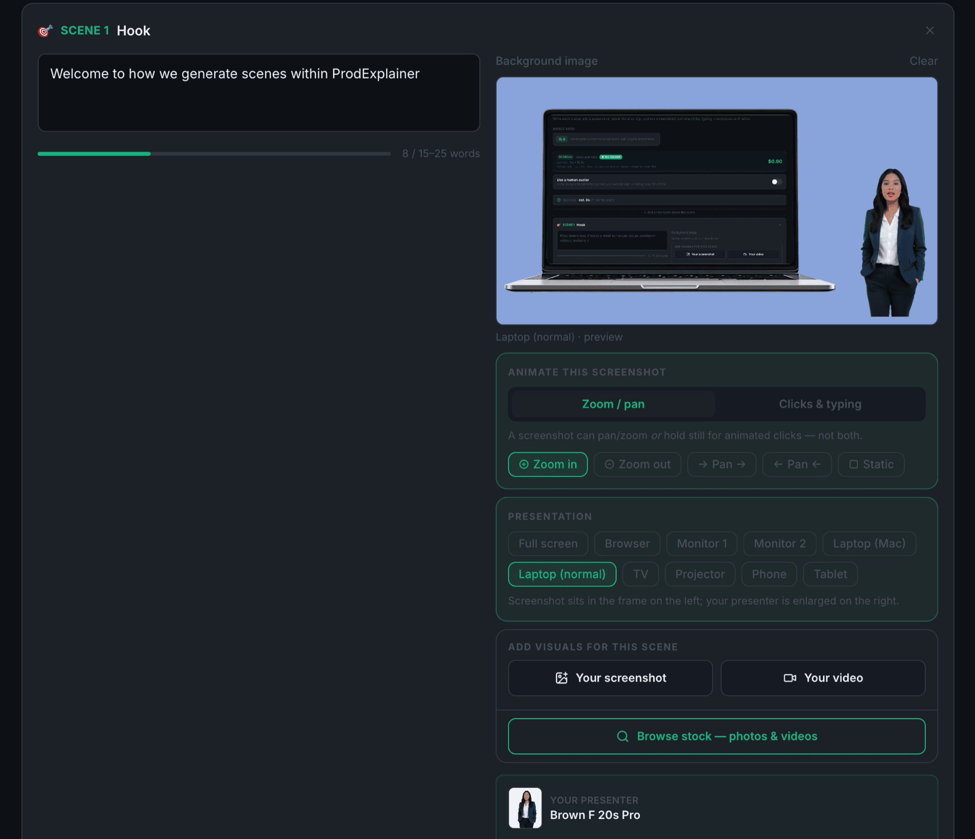 A screenshot framed in a laptop with an on-screen presenter, inside the ProdExplainer scene builder
