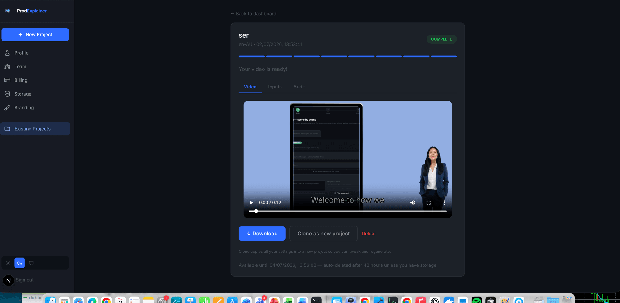 The finished video screen with download and clone options