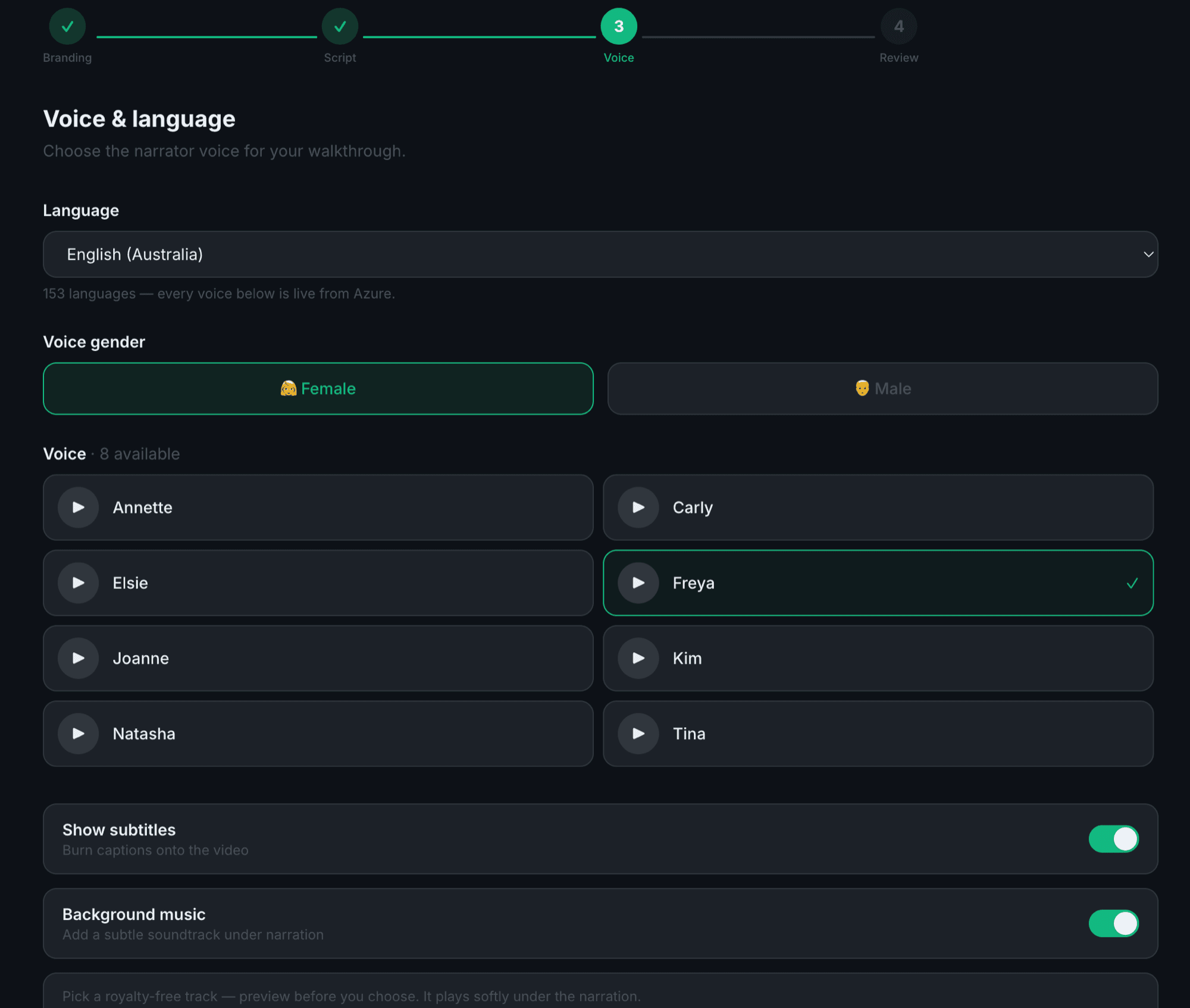 Voice and language picker showing live Azure neural voices